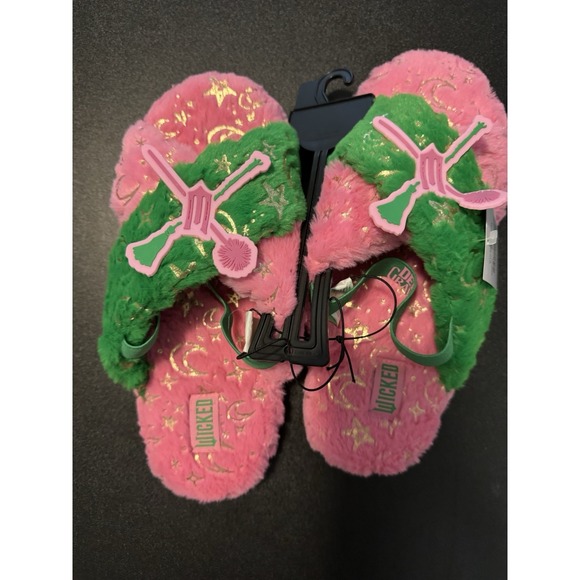 Wicked Shoes - Wicked Pink Green Gold Faux Fur Slip-On Women's Slippers Star Pattern 9-10